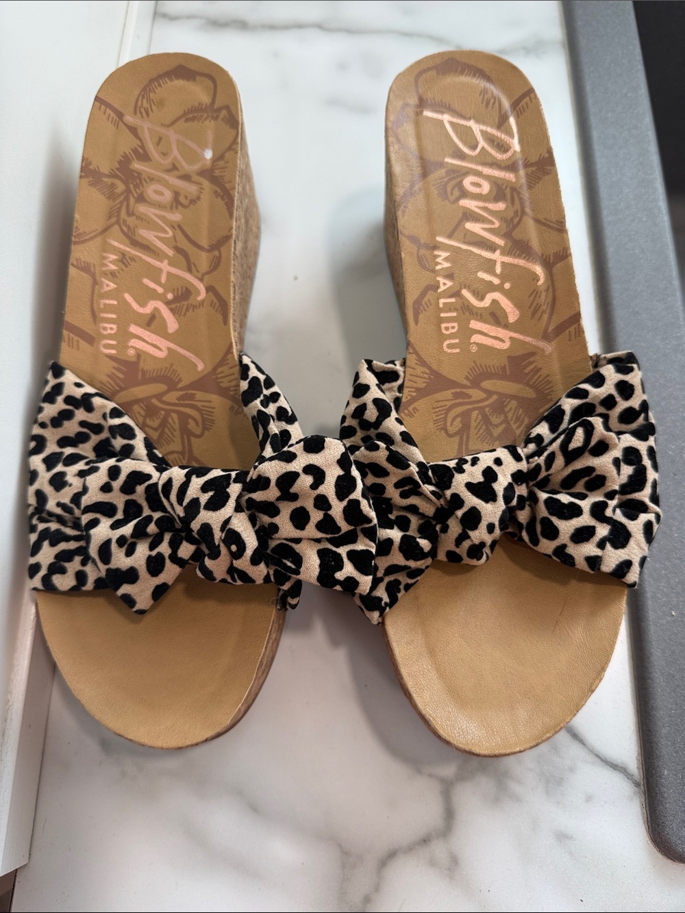 Blowfish Leopard Bow Slide Wedge Sandals Size 9